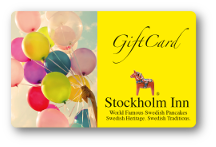 stockholm inn logo, hand holding several balloons over yellow background